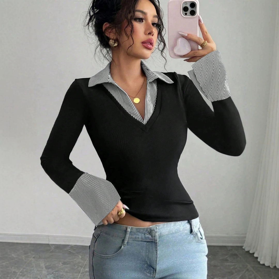 Women's Fitted Fine Knit Top with Shirt Collar and Contrast Cuffs Mune Fashion