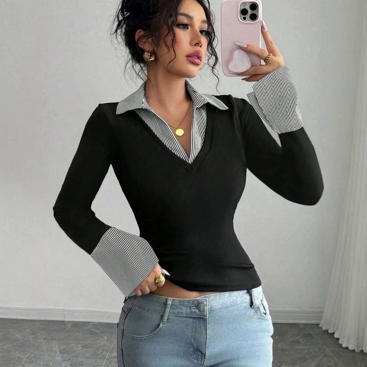 Women's Fitted Fine Knit Top with Shirt Collar and Contrast Cuffs Mune Fashion