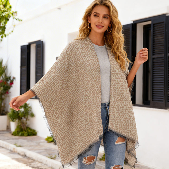 Women's Open Jacquard Poncho in Kimono Cut with Geometric Allover Pattern Mune Fashion