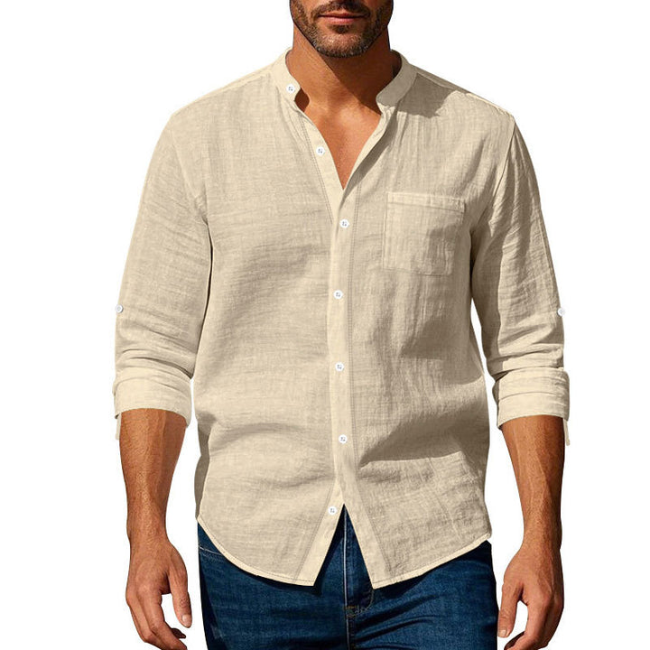 Men's linen shirt with stand-up collar and roll-up sleeves Mune Fashion