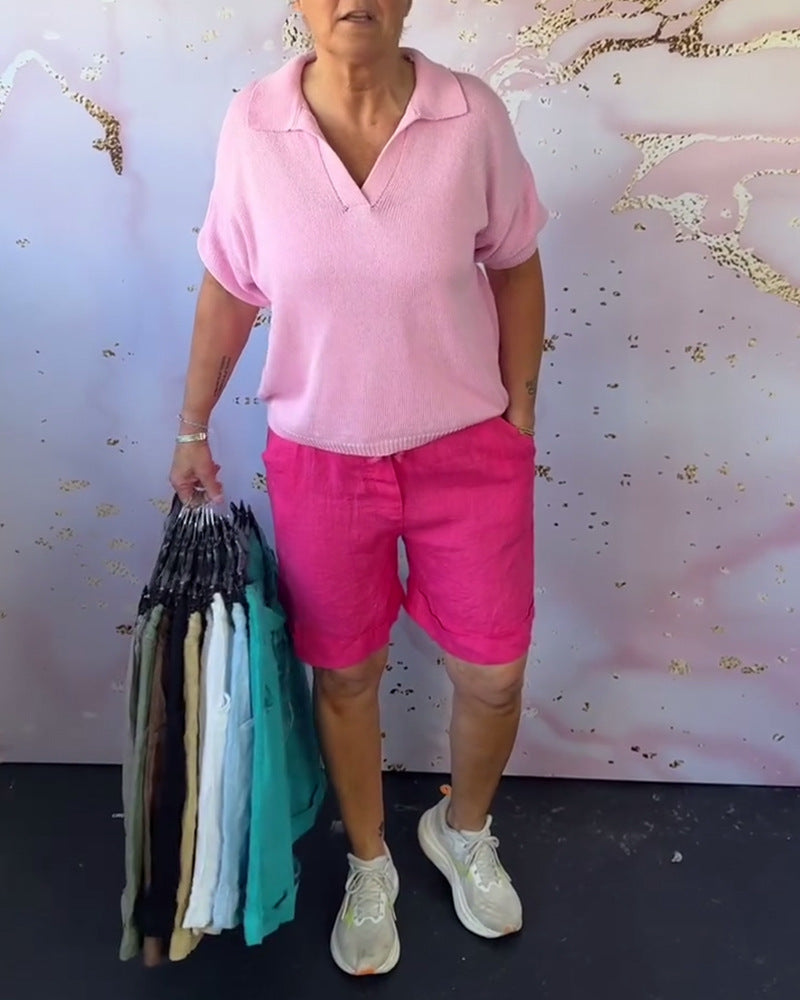Women's linen bermuda shorts with turn-up hem, button and zip fastening, as well as side pockets Mune Fashion