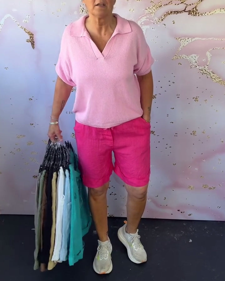 Women's linen bermuda shorts with turn-up hem, button and zip fastening, as well as side pockets Mune Fashion