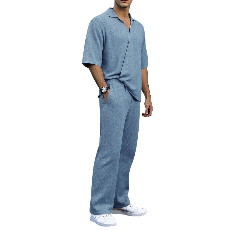 Men's finely structured two-piece set with open polo collar short sleeve shirt and straight comfort waistband pants Mune Fashion