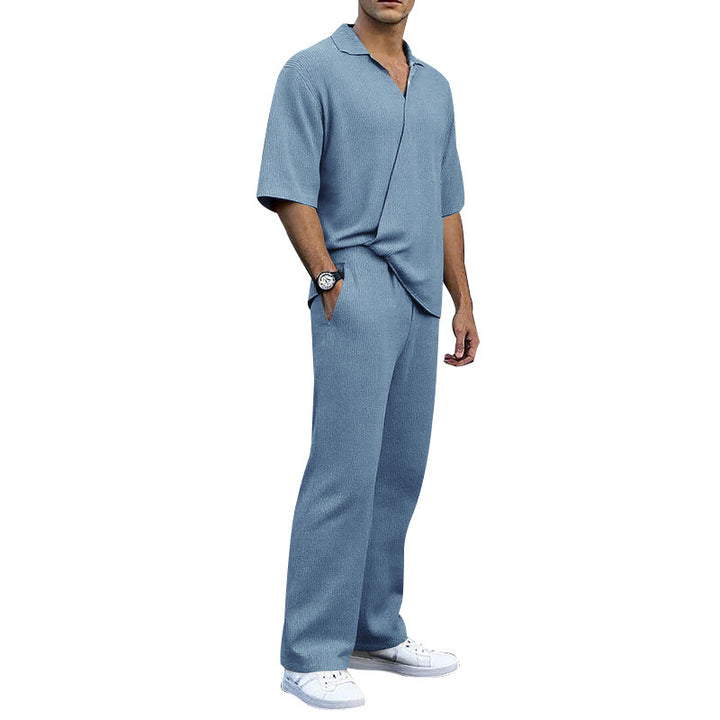 Men's finely structured two-piece set with open polo collar short sleeve shirt and straight comfort waistband pants Mune Fashion