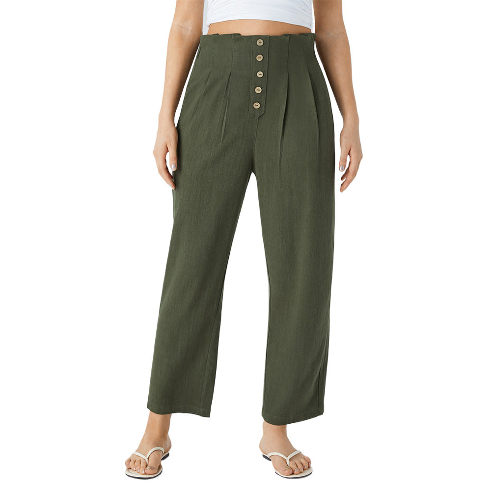 Women's High-Waisted Pleated Linen Pants with Decorative Button Placket Mune Fashion