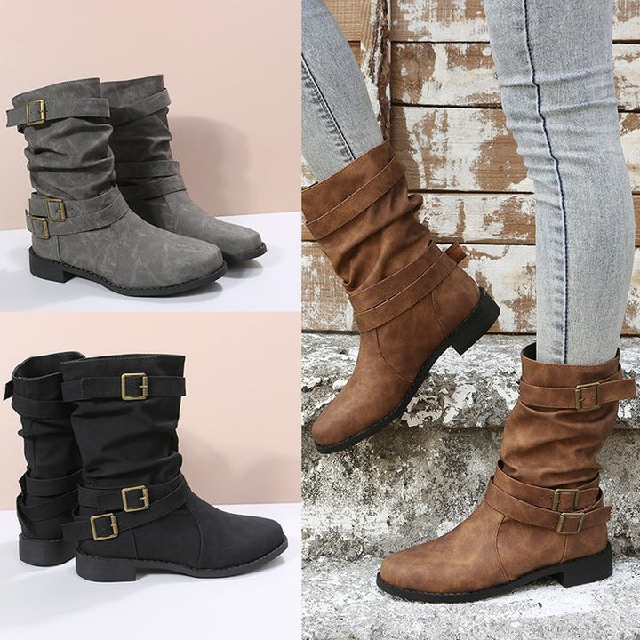 Ladies casual ankle-high ankle boots with gathered shaft, decorative buckle straps and flexible profile sole Mune Fashion