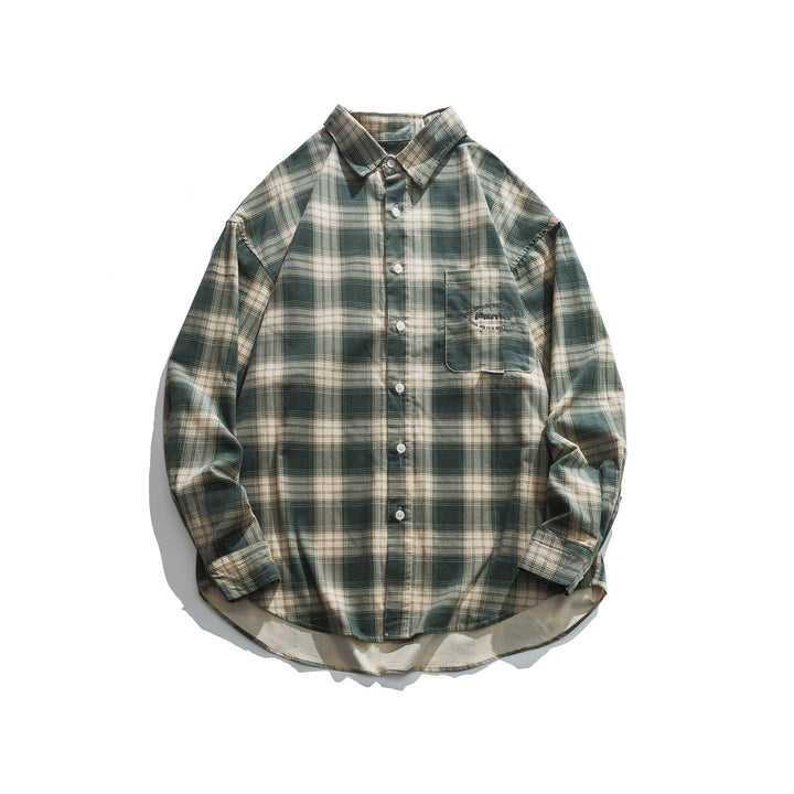 Men's oversized check shirt made of lightweight cotton blend with patch chest pocket and rounded hem Mune Fashion
