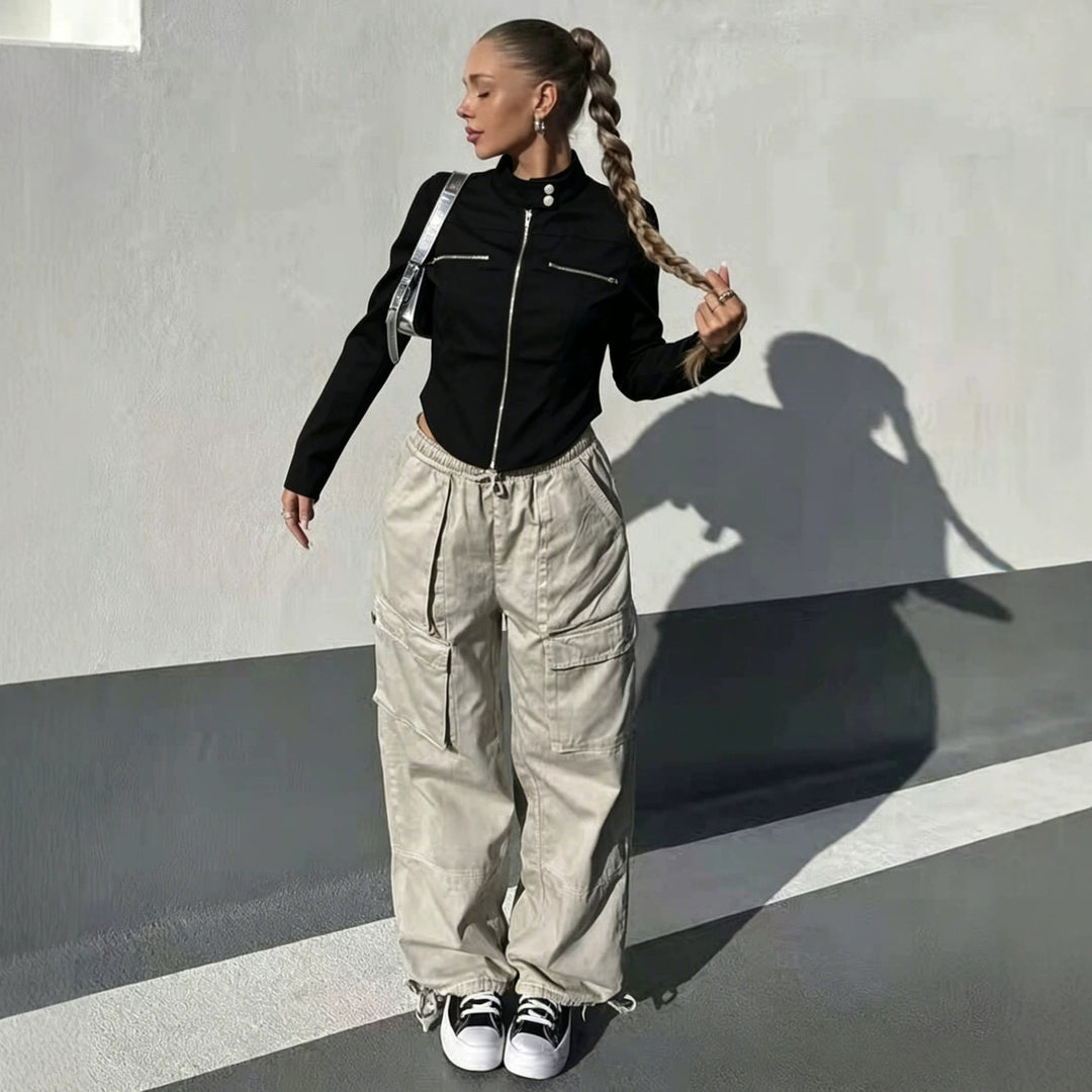 Women's Tailored Bonded Canvas Biker Jacket with Stand-Up Collar and Chest Zippers Mune Fashion