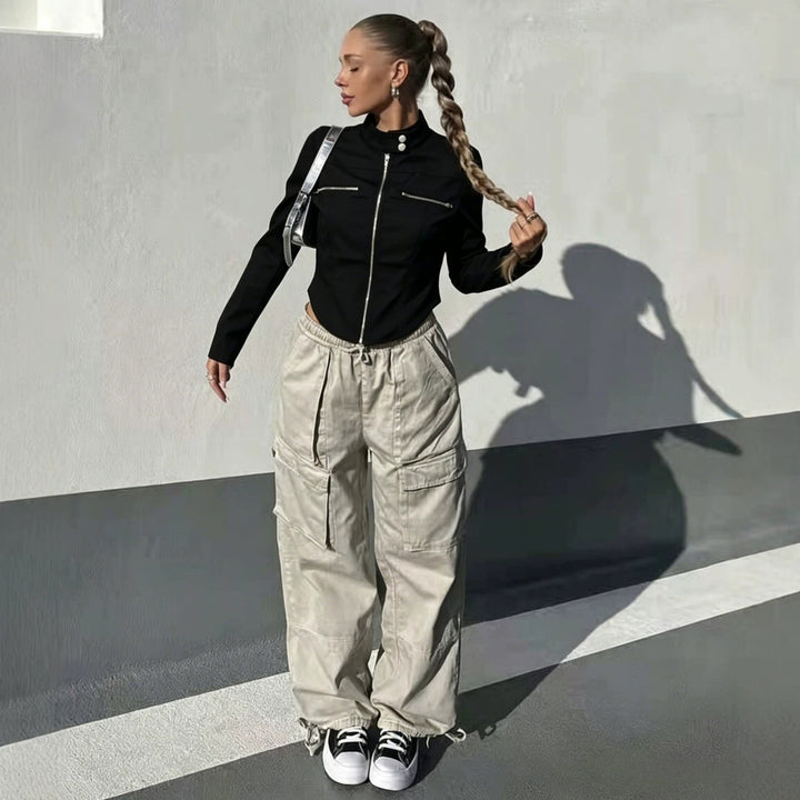 Women's Tailored Bonded Canvas Biker Jacket with Stand-Up Collar and Chest Zippers Mune Fashion