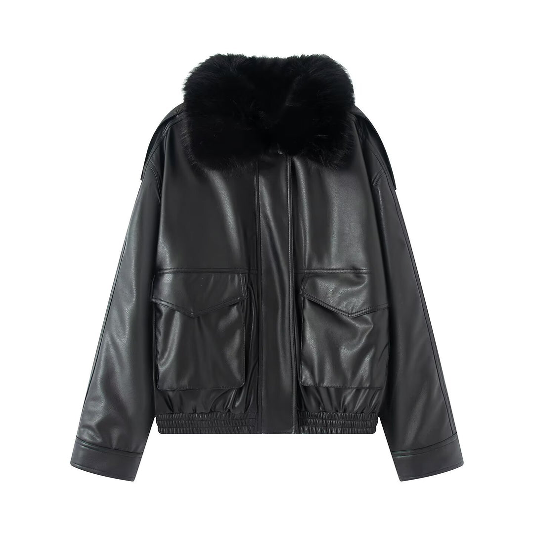 Women Short Faux Leather Bomber Jacket with Large Faux Fur Collar, Flap Pockets and Waist Hem Mune Fashion