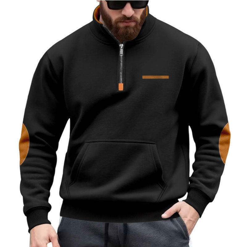 Men's half-zip sweatshirt with stand-up collar, kangaroo pocket, and elbow patches Mune Fashion