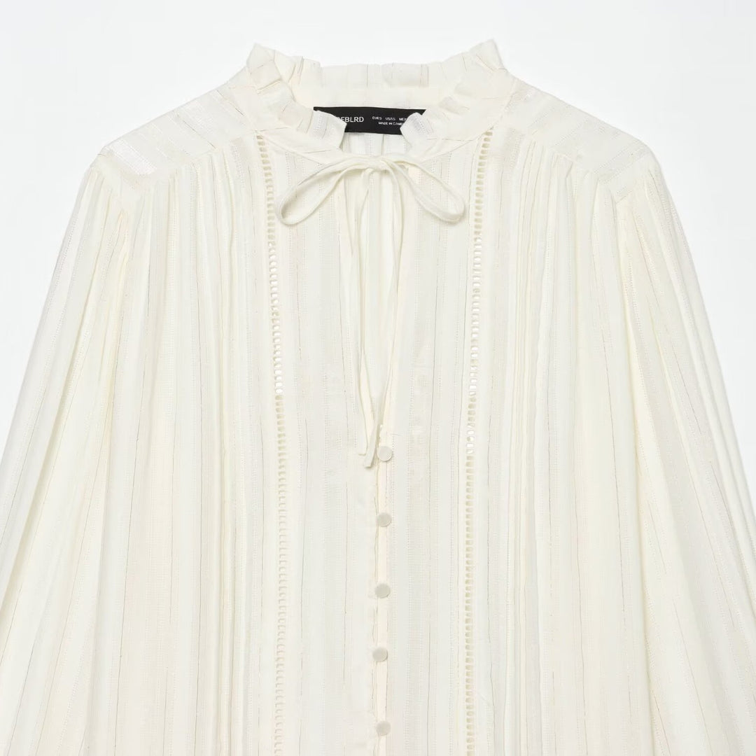 Women's Pleated Chiffon Blouse with Ruffled Collar and Tie Band Mune Fashion