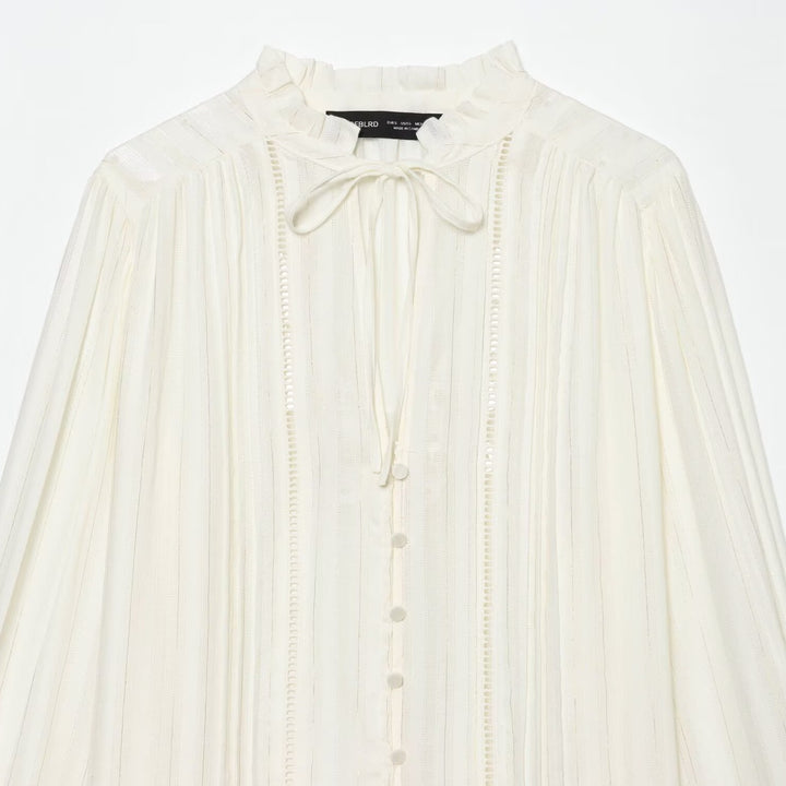 Women's Pleated Chiffon Blouse with Ruffled Collar and Tie Band Mune Fashion