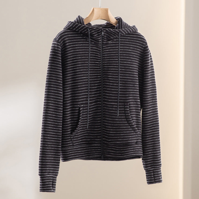 Women Striped Velvet Fleece Zip-Up Hoodie with Kangaroo Pockets Mune Fashion