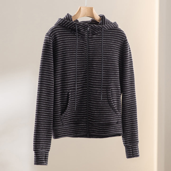 Women Striped Velvet Fleece Zip-Up Hoodie with Kangaroo Pockets Mune Fashion