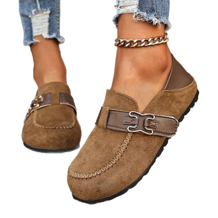 Damen Mokassin-Slipper aus Veloursleder mit dekorativer Metall-Schnalle Mune Fashion