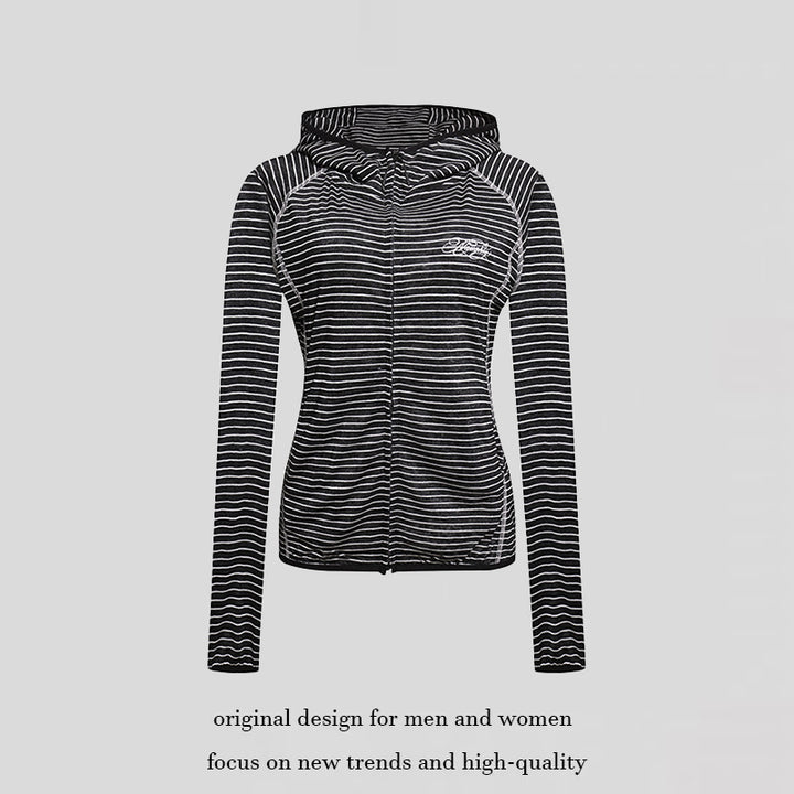 Women's Lightweight Hoodie Zip Jacket in Striped Look with Fitted Cut and Raglan Sleeves Mune Fashion