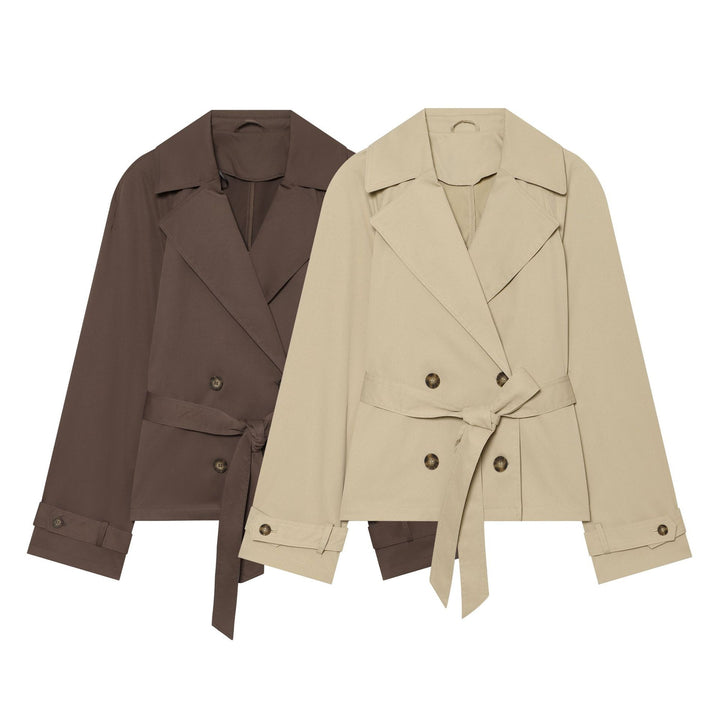 Women’s short tailored trench jacket with belt, double-breasted button placket and wide lapels Mune Fashion