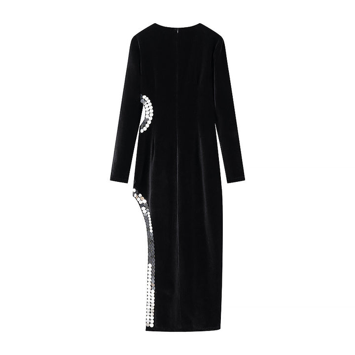 Women Velvet Maxi Dress with Side Sequin Detail Mune Fashion