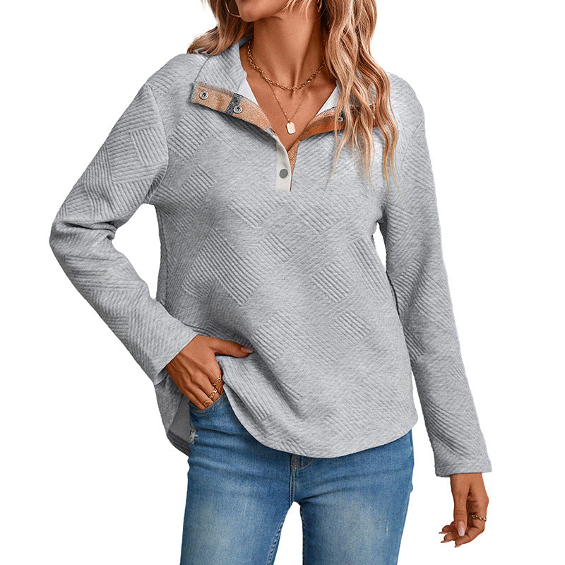 Women's Quilted-Texture Sweatshirt with Half Collar and Snap Button Placket Mune Fashion