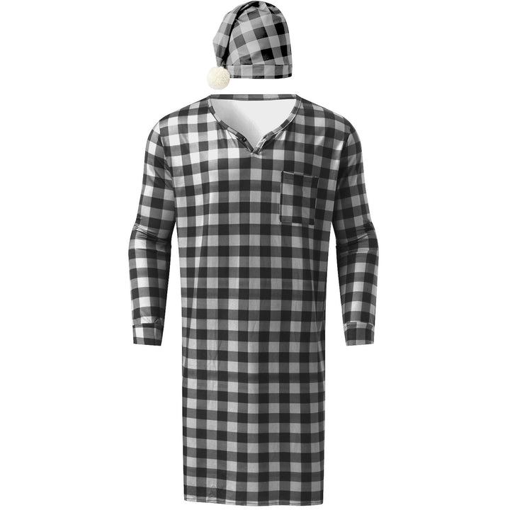 Men's long plaid nightgown with chest pocket and matching pointed hat Mune Fashion