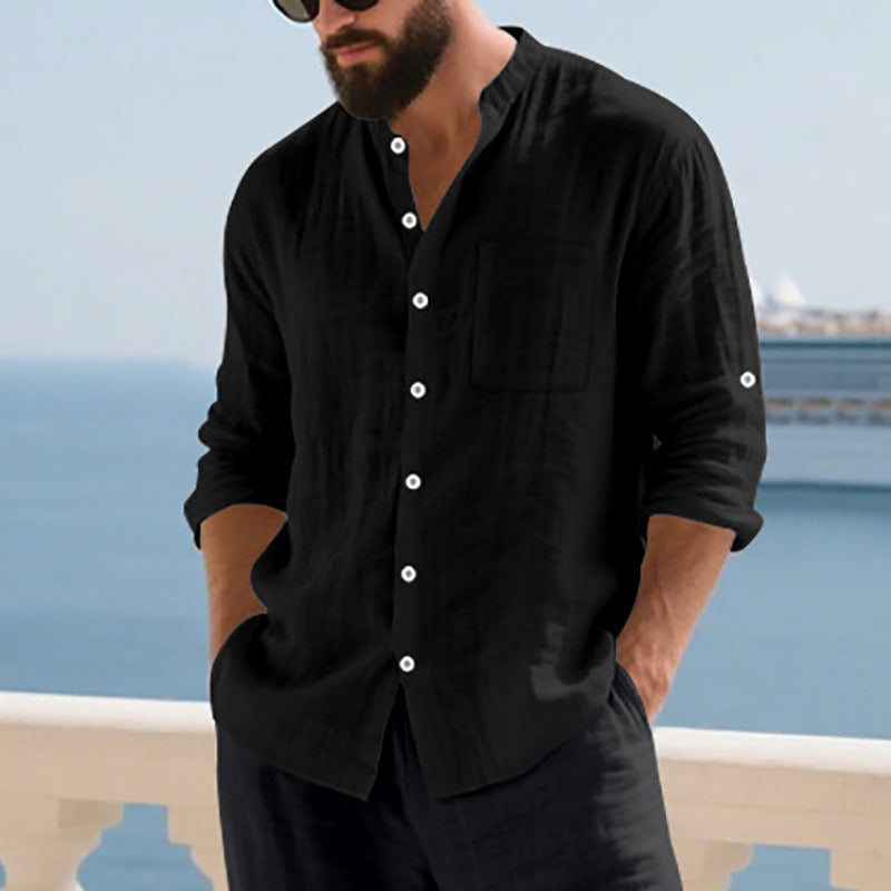 Men's airy linen shirt with stand-up collar, breast pocket, and rollable sleeves Mune Fashion