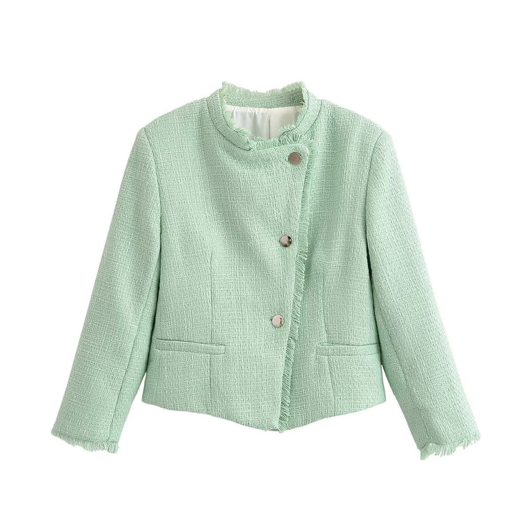 Women short cut bouclé tweed jacket with fringe trim and round neckline Drune