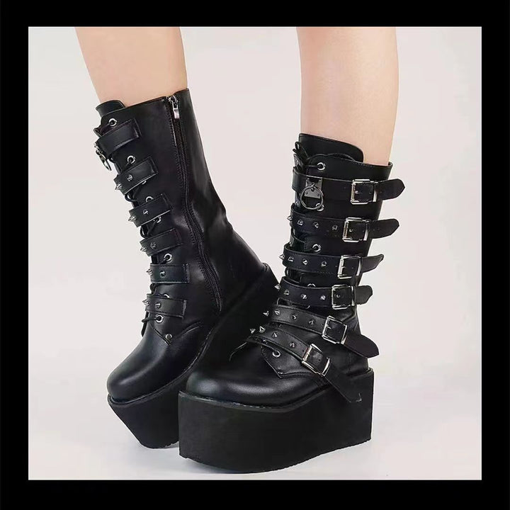 Women knee-high patent platform boots with multiple adjustable buckles and heart-shaped studs Mune Fashion