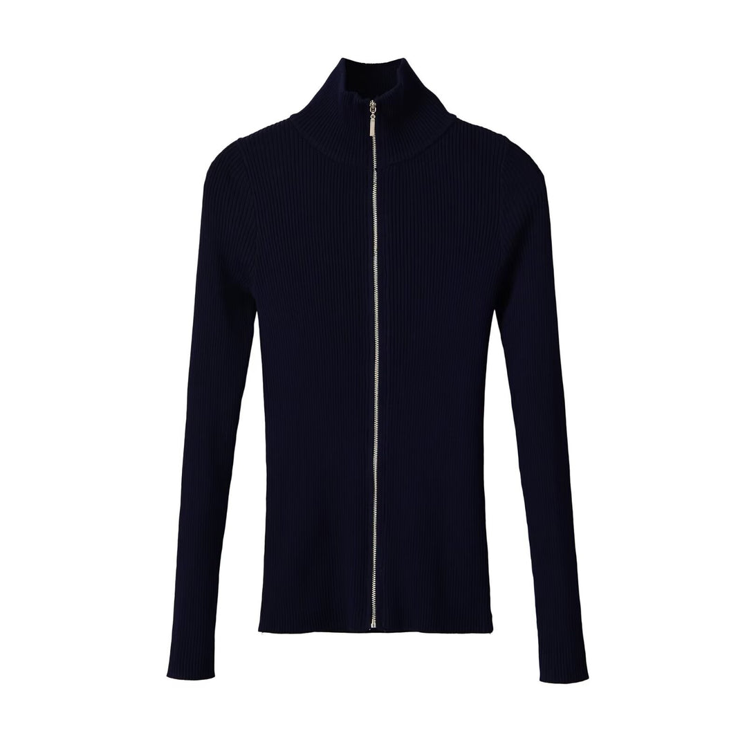 Women's Ribbed Fine Knit Cardigan with Full Zip and Stand-Up Collar Mune Fashion