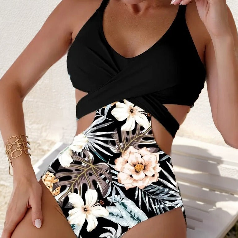 Women's One-Piece Swimsuit with Floral Design and Innovative Cut-Out Details Mune Fashion