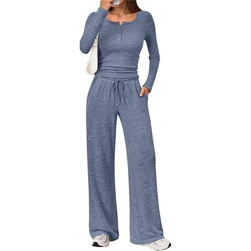 Women's Two-Piece Lounge Set with Henley Top and Wide Jogger Pants Cut Mune Fashion