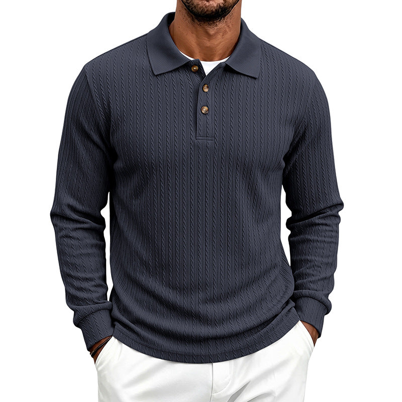 Men's Structured Long Sleeve Polo in Fine Knit with Cable Pattern and Button Placket Mune Fashion
