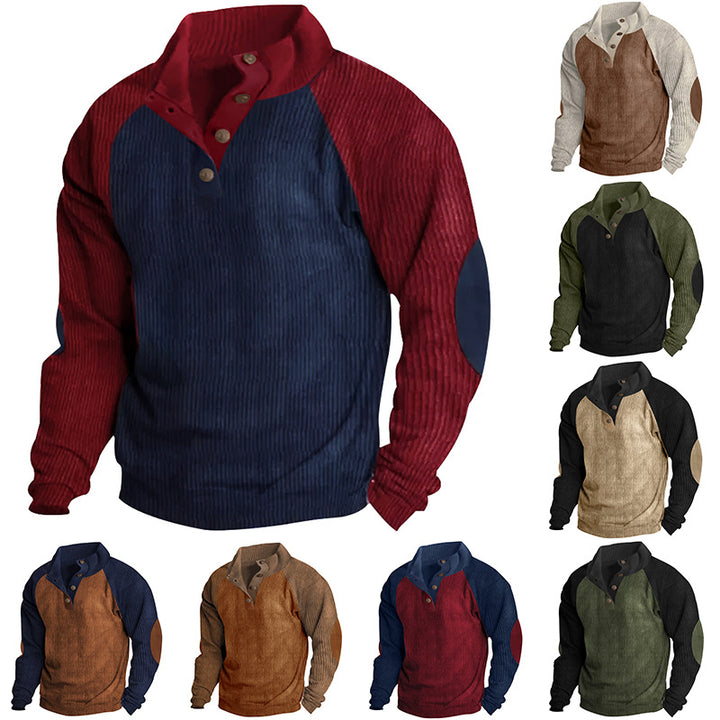 Men's Structured Raglan Henley Pullover with Stand Collar, Elbow Patches & Button Placket Mune Fashion