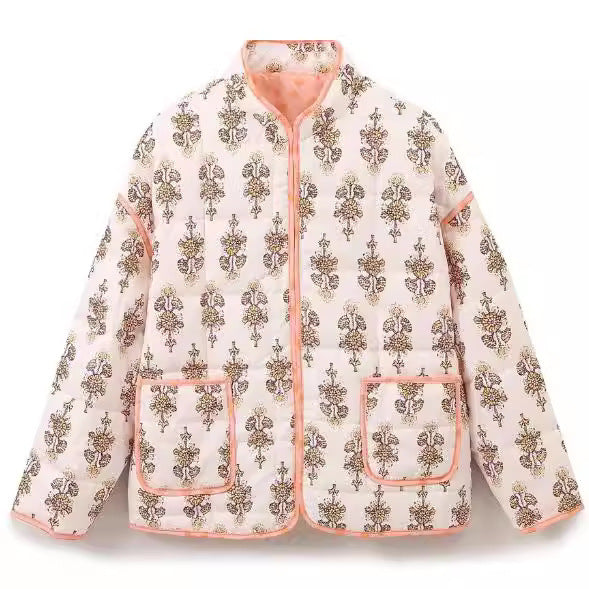 Women's nan quilted stand-up collar jacket with floral vertical print, patch pockets, and contrasting piping Mune Fashion