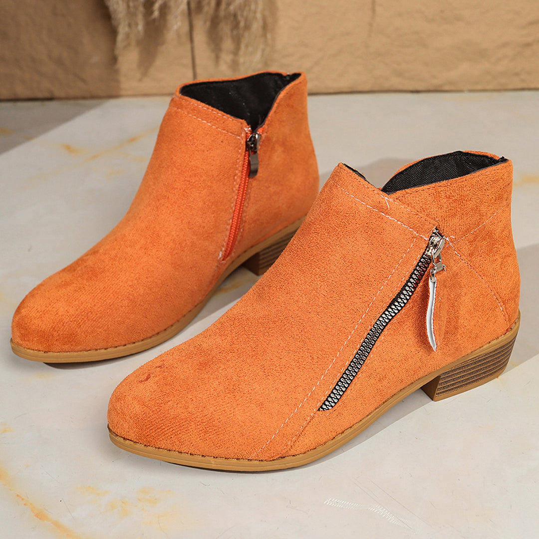 Women's Modern Ankle Boot with Visible Metal Zipper and Low Wood-Look Block Heel Mune Fashion
