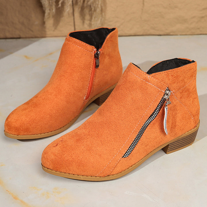 Women's Modern Ankle Boot with Visible Metal Zipper and Low Wood-Look Block Heel Mune Fashion