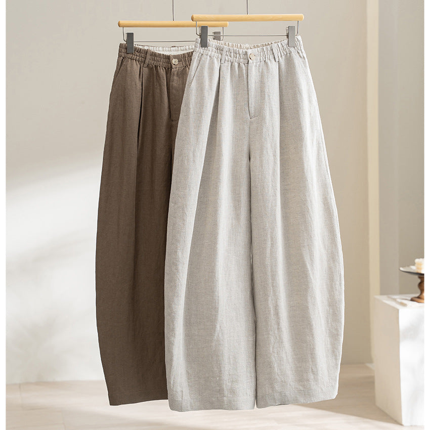 Women's Wide Linen Look Trousers with High Elastic Waistband, Pleats and Straight Leg Mune Fashion