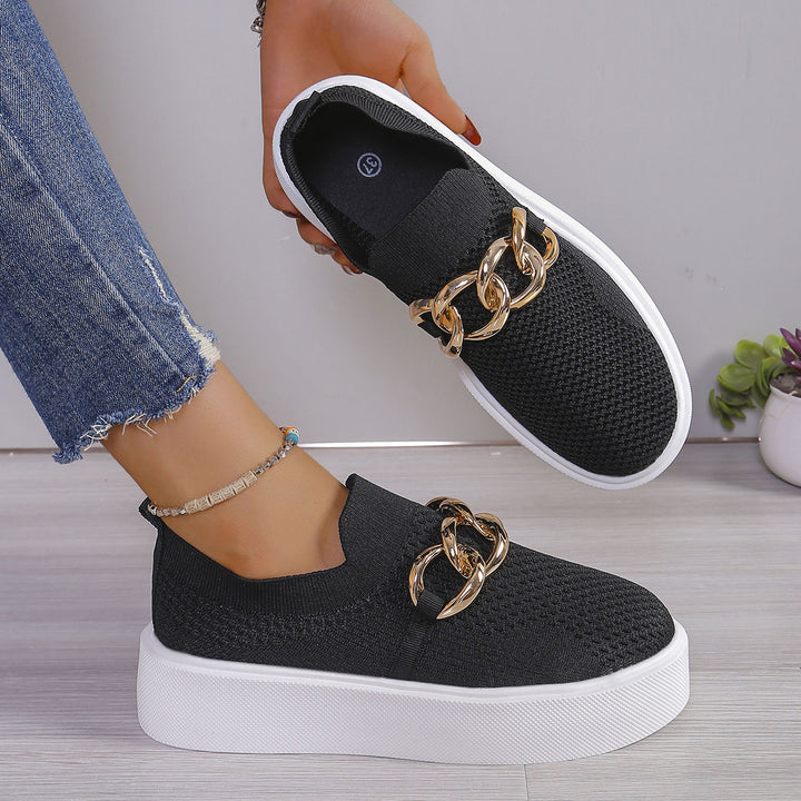 Ladies' Knit Slip-On Sneakers with Platform Sole and Eye-Catching Metal Chain Decoration Mune Fashion