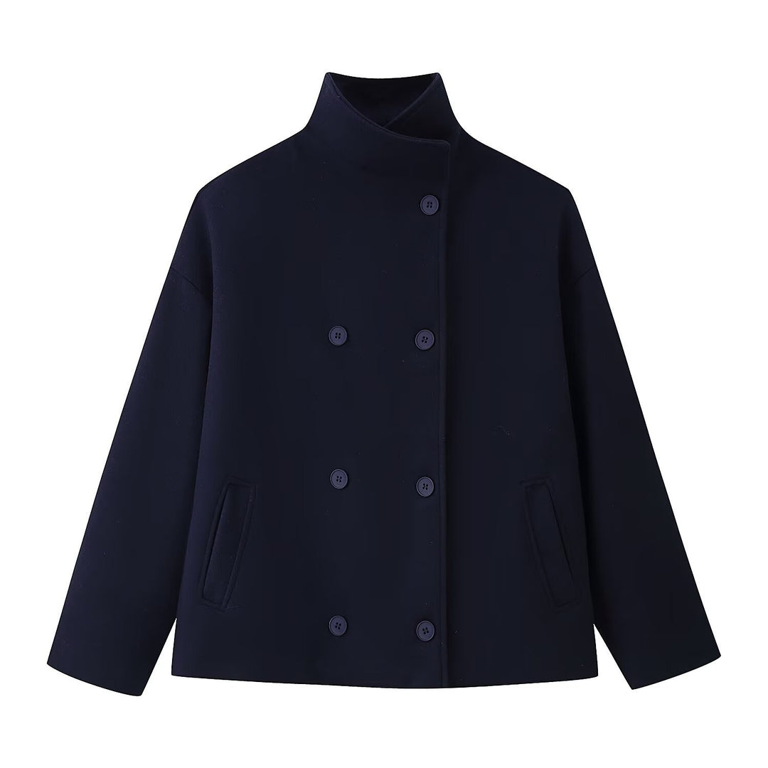 Women's Boxy Double-Breasted Short Coat made of Wool Blend with Stand-Up Collar Mune Fashion