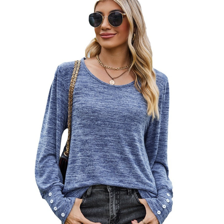 Women's Casual Long Sleeve Shirt with Button Cuffs and Wide Round Neckline Mune Fashion