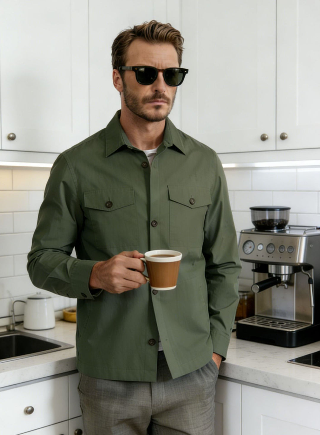 Men's Overshirt Shirt Jacket with Flap Pockets and Classic Shirt Collar Mune Fashion