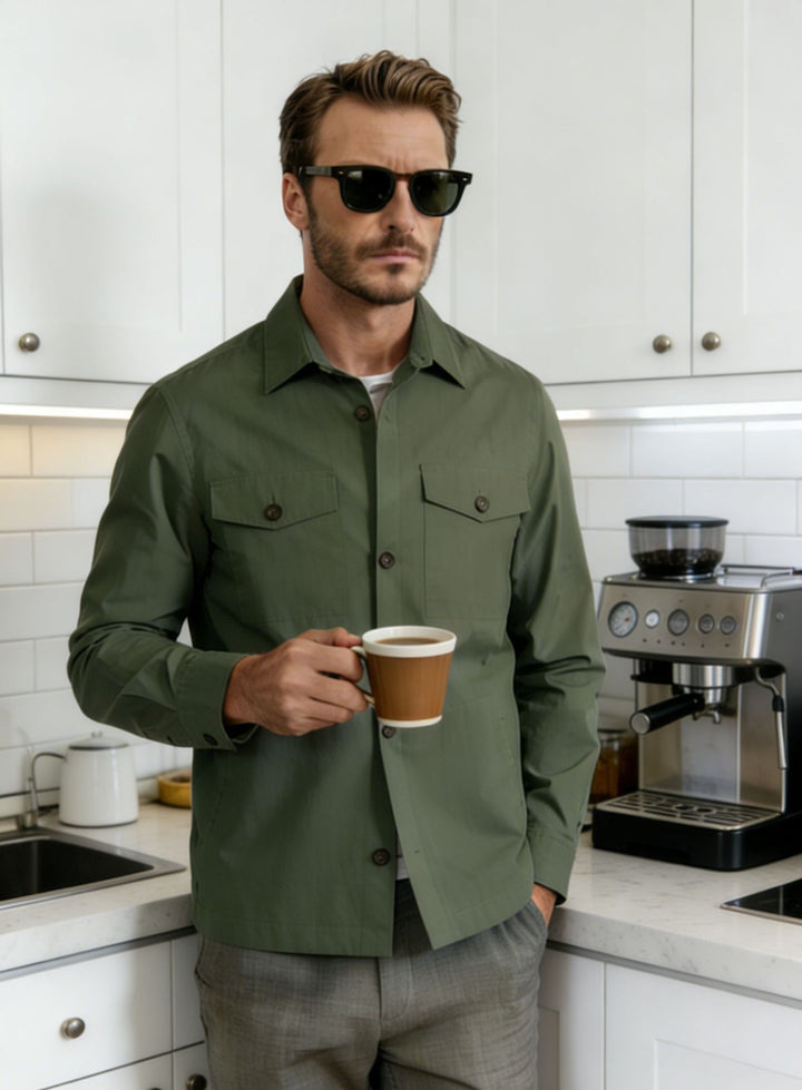 Men's Overshirt Shirt Jacket with Flap Pockets and Classic Shirt Collar Mune Fashion