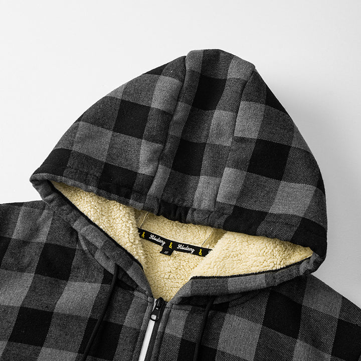 Men's checkered teddy fleece hooded jacket with Sherpa lining and zipper Mune Fashion