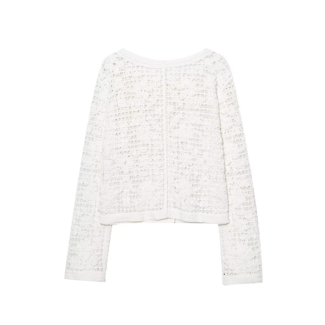 Women's Crocheted Short Jacket in Boucle Look with Decorative Buttons and Patch Pockets Mune Fashion