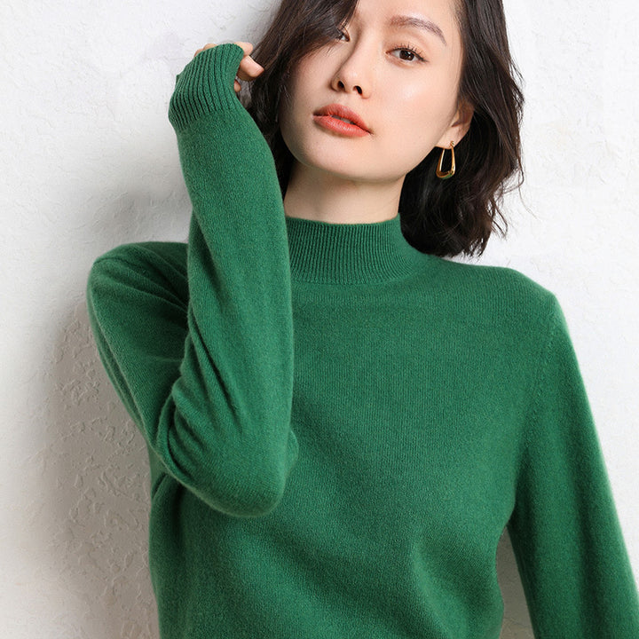 Women Luxurious Cashmere Fine Knit Sweater with Standing Collar Mune Fashion
