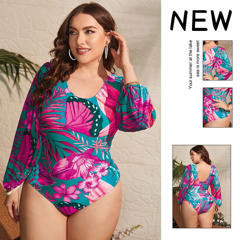 Women's One-Piece Swimsuit with Long Sleeves and Floral Pattern Mune Fashion