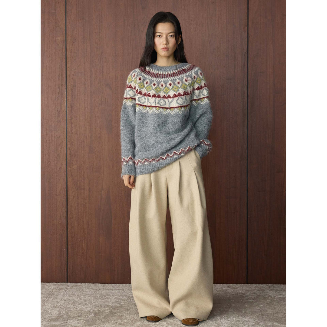 Women's chunky knit crew neck sweater with Norwegian jacquard and mohair mix Mune Fashion