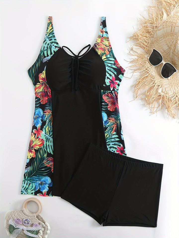Women's Sporty Swimsuit Set with Floral Side Insert Mune Fashion