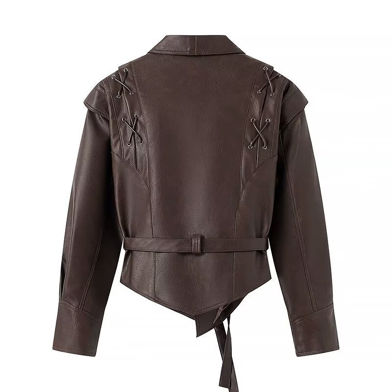 Women Tailored Wrap Leather Blazer with Emphasized Shoulder Puffers and Ties Belt Mune Fashion