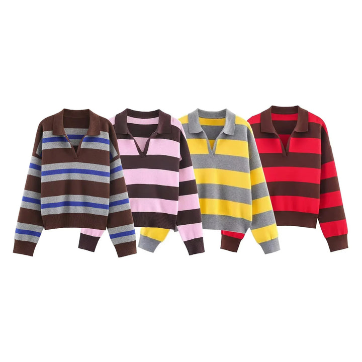 Women's oversized rugby pullover with polo collar, V-neck and wide stripes Mune Fashion